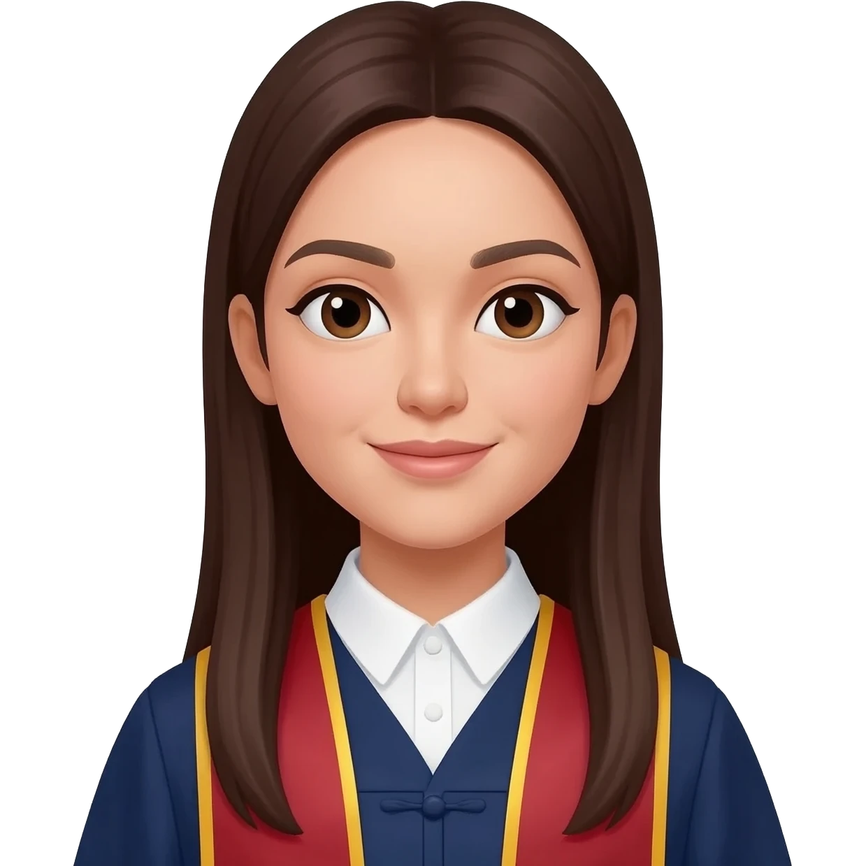 博士毕业女生深棕色长直发，肤色黄一白 emoji