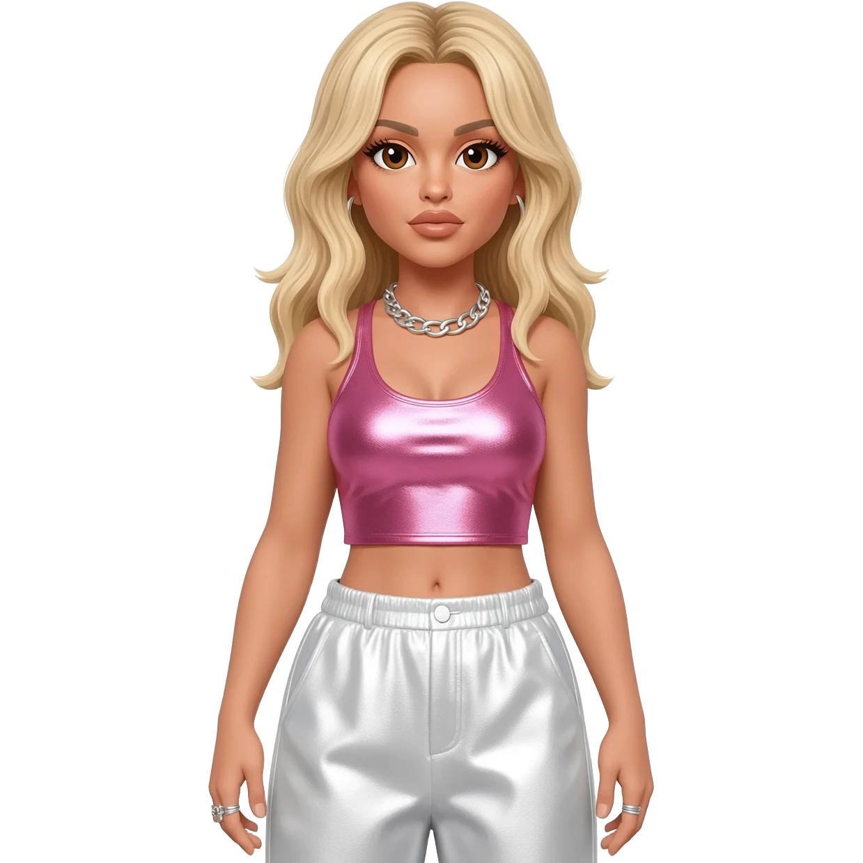 Britney Spears with brown eyes, long blonde hair, pink metallic crop top, white metallic baggy pants, silver necklace emoji