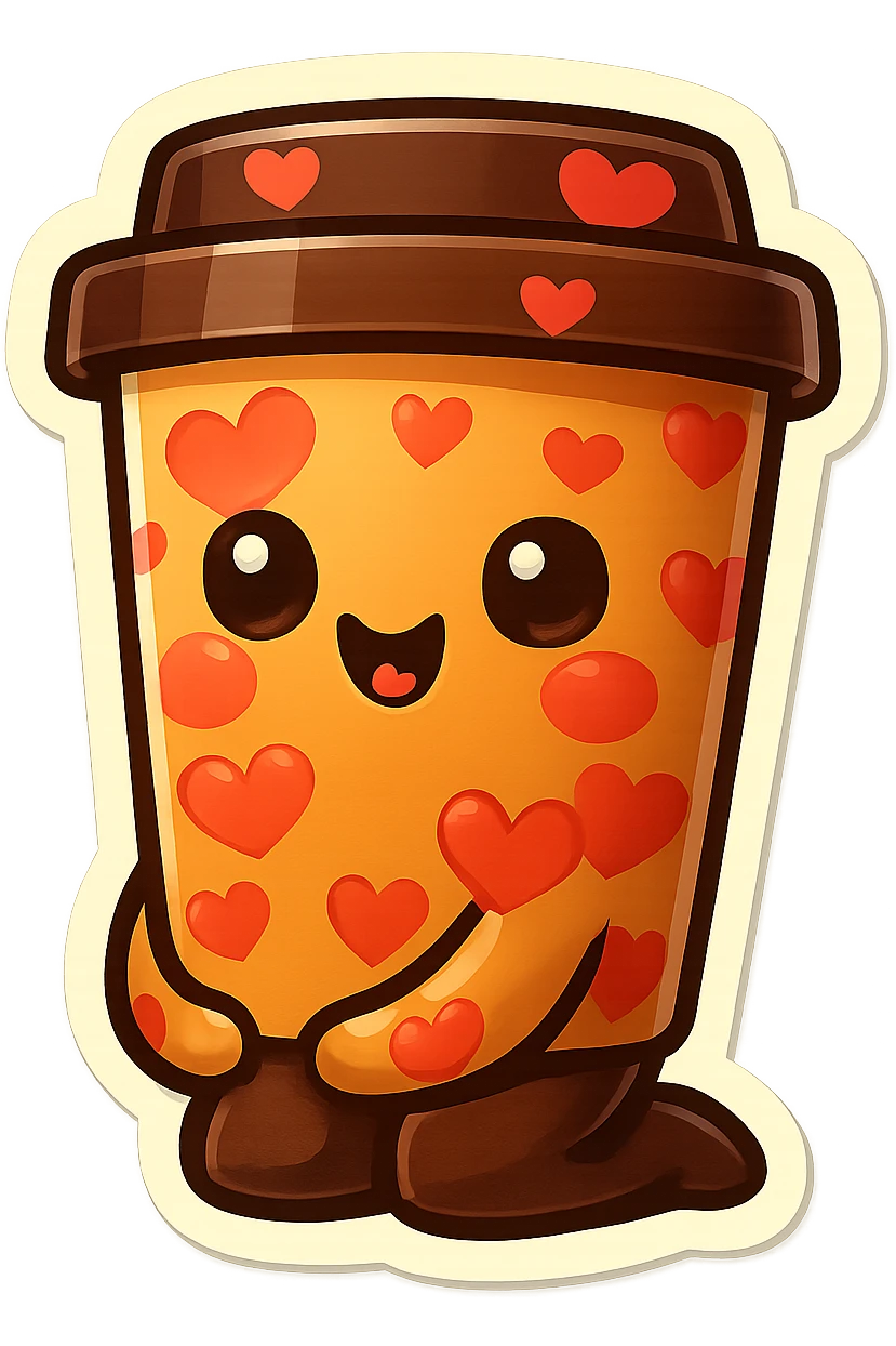 Tall coffee cup, bowing on knees, covered in hearts emoji