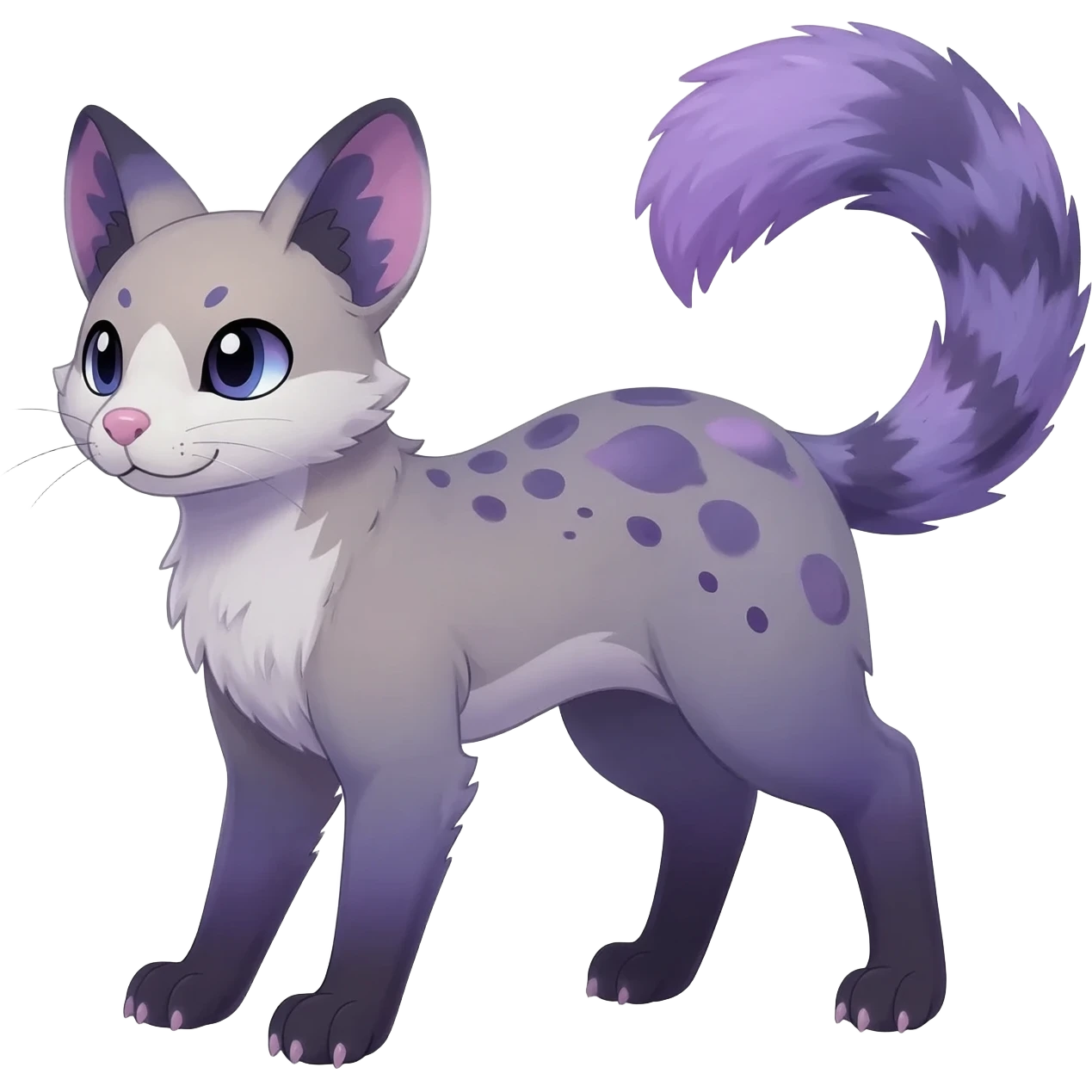  dull-colored gloomy-dark-deep-grayish-indigo-violet-gradients ghostly spectral spooky fur with random dark markings beautiful elegant pretty precious cute  Fakémon-Pokémon-opossum-feline-serval-caracal-chinchilla-Furret-Minccino-hybrid-creature with a big fluffy bushy tail (full body) emoji