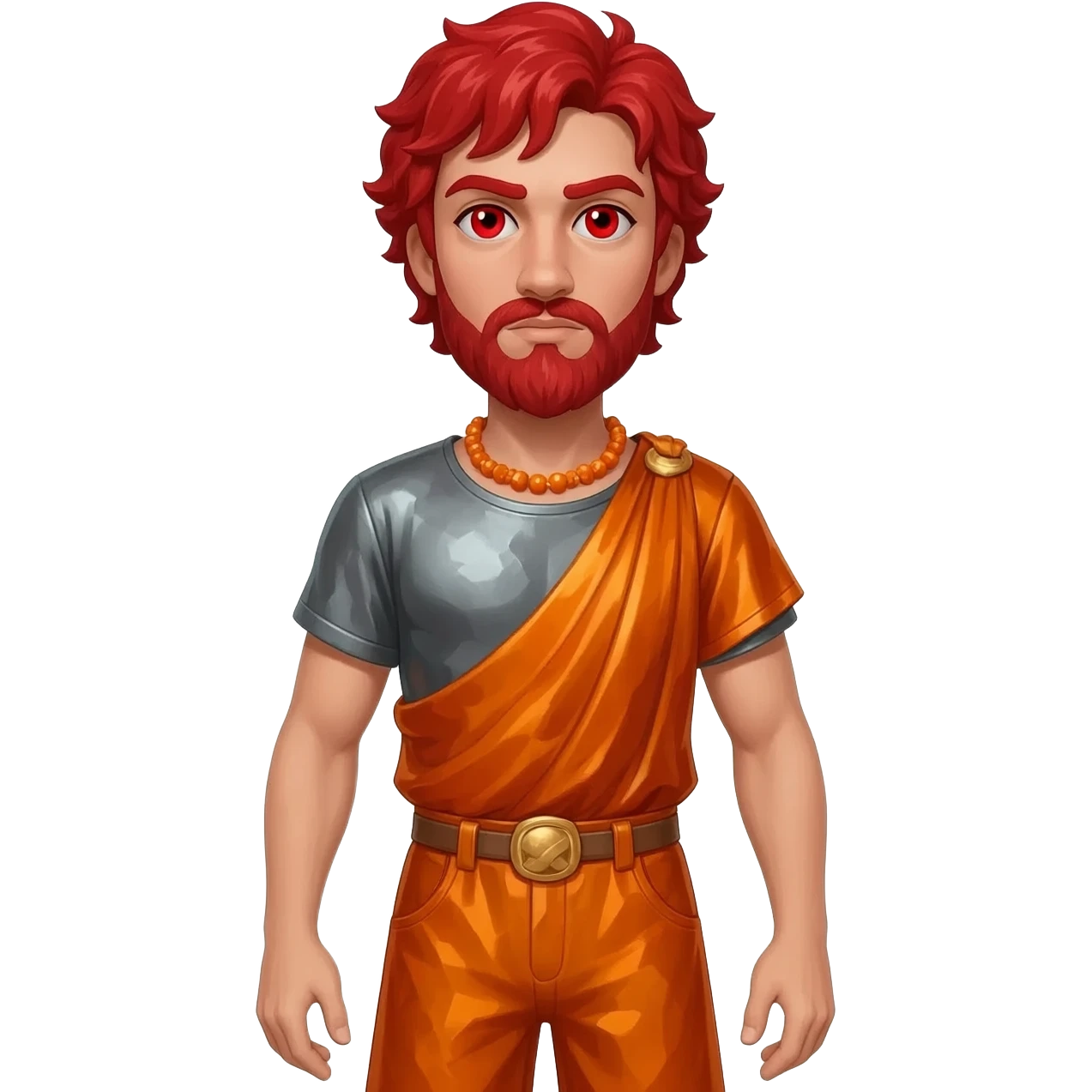 Hephaestus from Greek Mythology with red eyes, red hair, burnt orange metallic shirt, burnt orange metallic baggy pants, orange necklace emoji