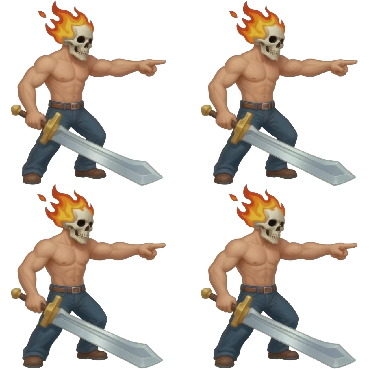 A 4 stage sprite sheet of a man with a burning skull head, show the 4 ...