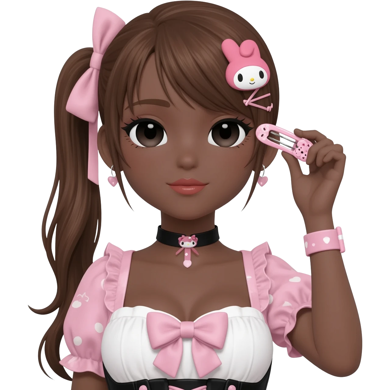 Gyaru makeup, my melody hairclip, cutecore, doll eyes, Doll, big chest, dark brown skin, with half up half down brown hair,  black cute eyes, cute lips with Gyaru outfit emoji