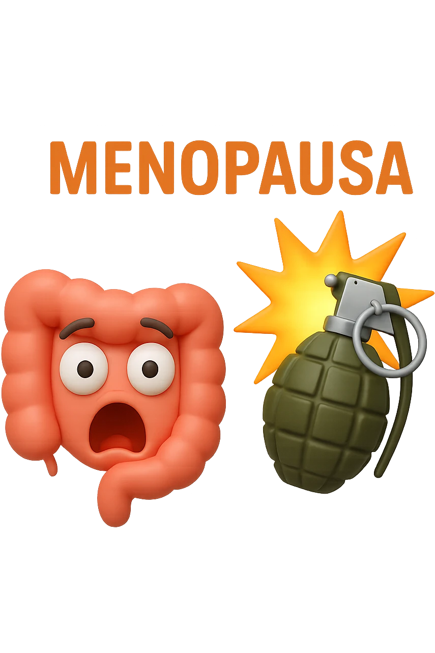 EMOJI STILE IPHONE 3D DI INTESTINO 3D CON ESPRESSIONE SCIOCCATA IN VOLTO MENTRE ACCANTO A LUI SCOPPIA UNA GRANATA 3D CON LA SCRITTA "MENOPAUSA" SOPRA, FAGLI ANCHE LA PARTE BIANCA DEGLI OCCHI, NON SOLO LA PUPILLA emoji
