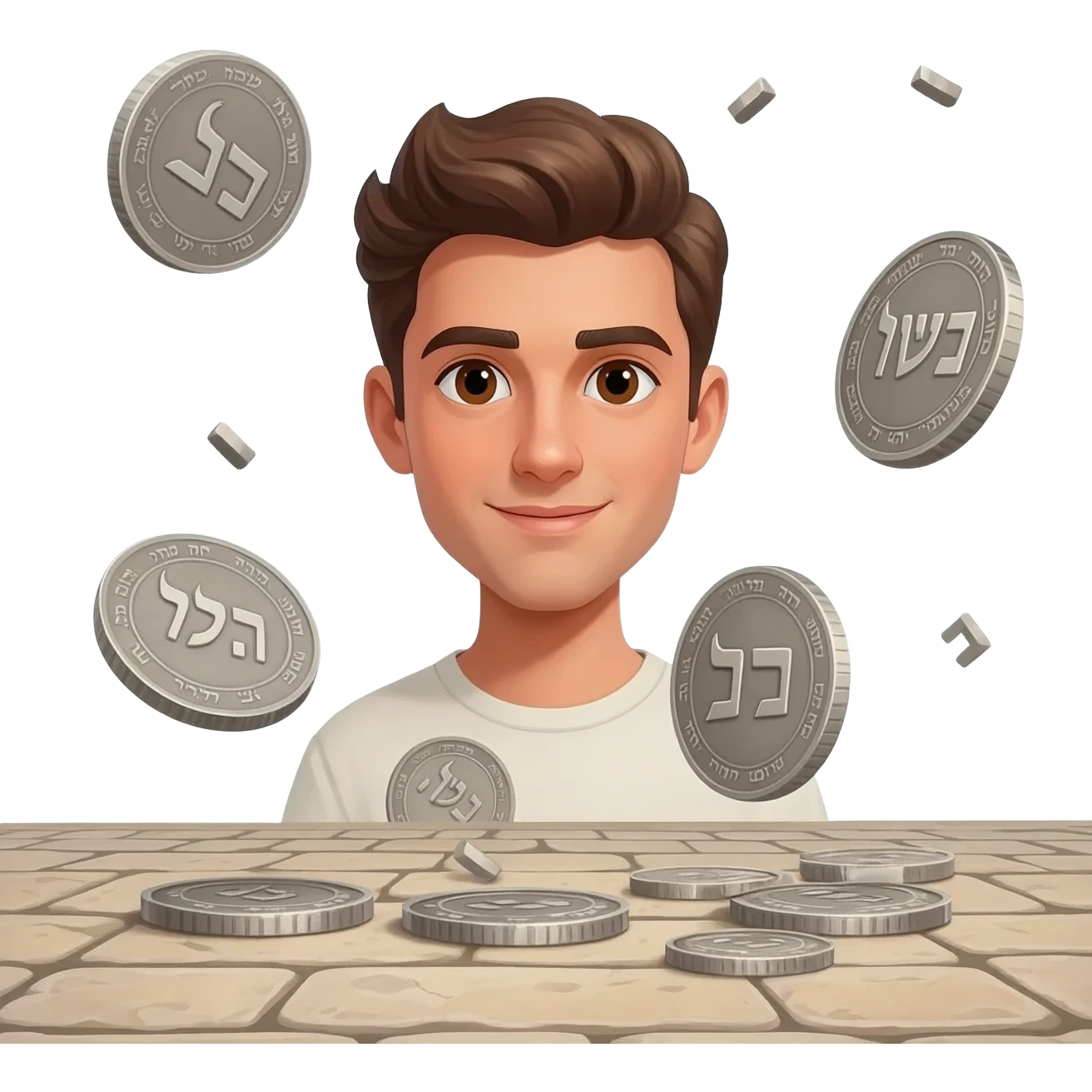  парень раскидвает раостно денгами, монетами  времена древнего иерумалима  emoji
