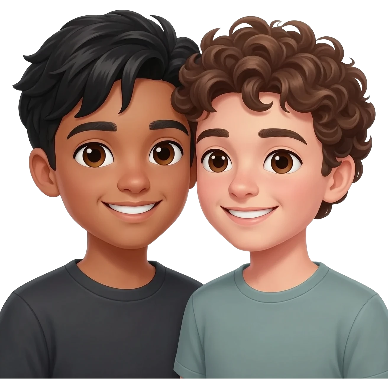 2 boys in love one tan black hair one flare skinned and brown curly hair, both with dark brown eyes emoji