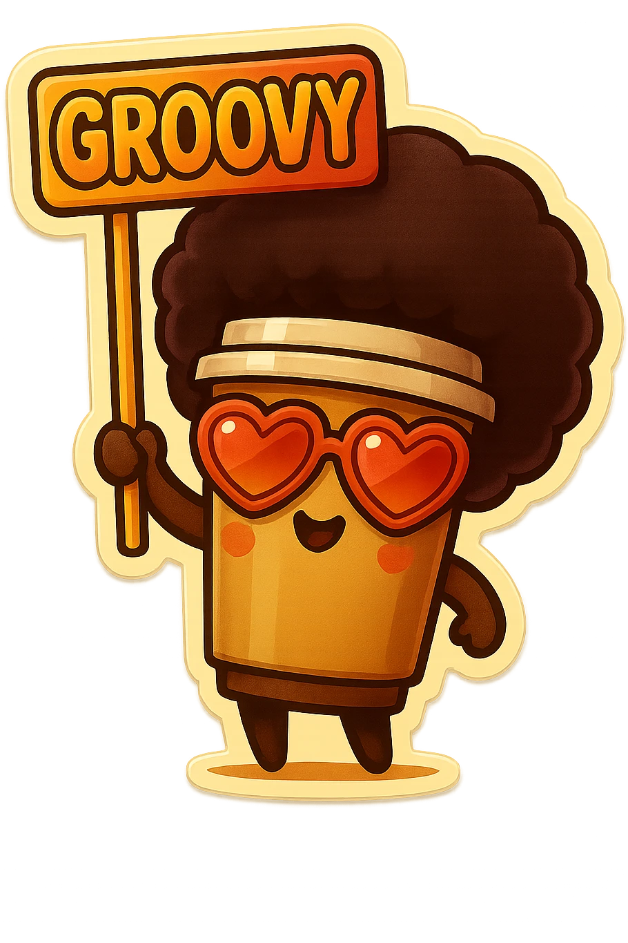 Tall coffee cup, no mouth, afro, heart glasses, giant groovy sign emoji