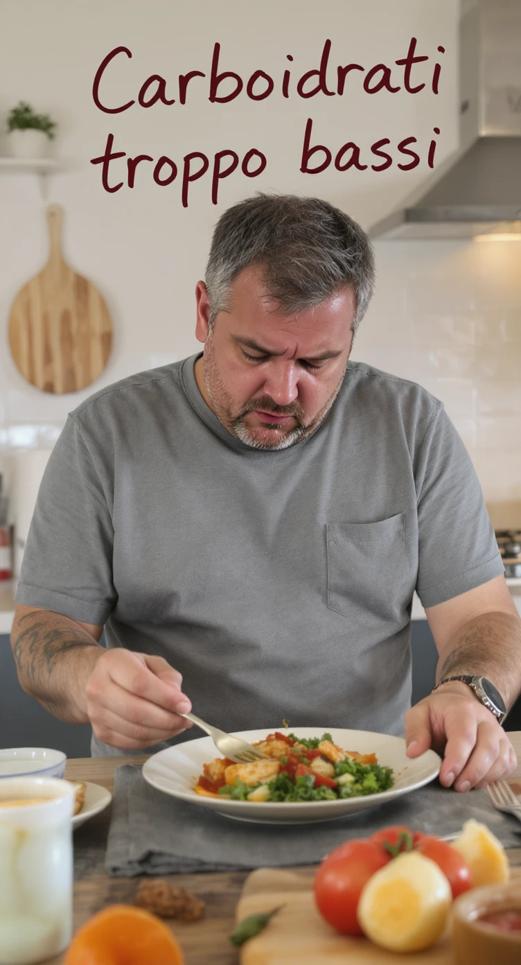 Uomo sui 35 anni in cucina, con espressione affaticata e spenta, guarda un piatto con pochissimi carboidrati (solo qualche verdura e proteine). Accanto a lui, fogli con una dieta rigida e una scritta visibile: 'Carboidrati troppo bassi'. emoji