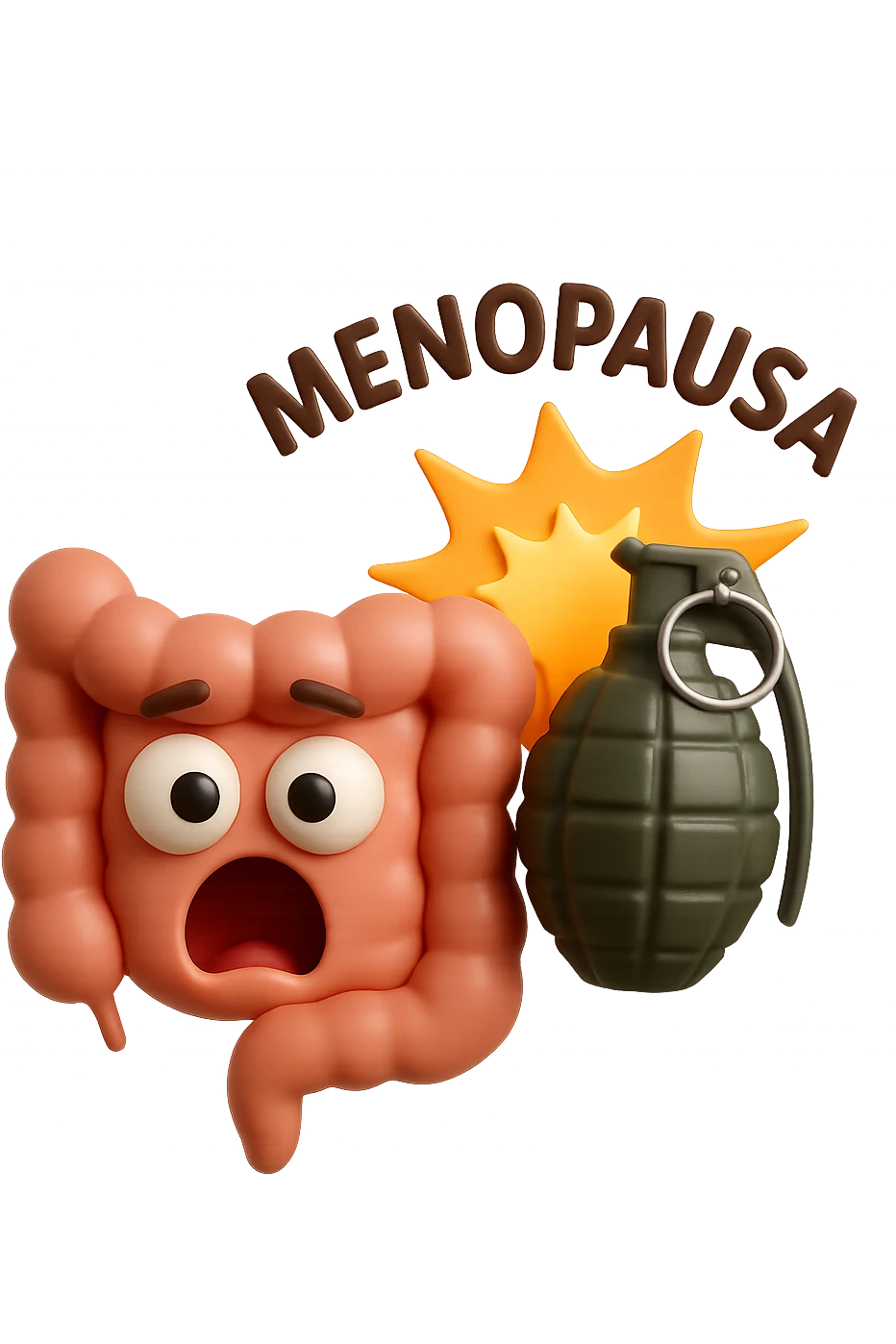 EMOJI STILE IPHONE 3D DI INTESTINO 3D CON ESPRESSIONE SCIOCCATA IN VOLTO MENTRE ACCANTO A LUI SCOPPIA UNA GRANATA 3D CON LA SCRITTA "MENOPAUSA" SOPRA, FAGLI ANCHE LA PARTE BIANCA DEGLI OCCHI, NON SOLO LA PUPILLA emoji