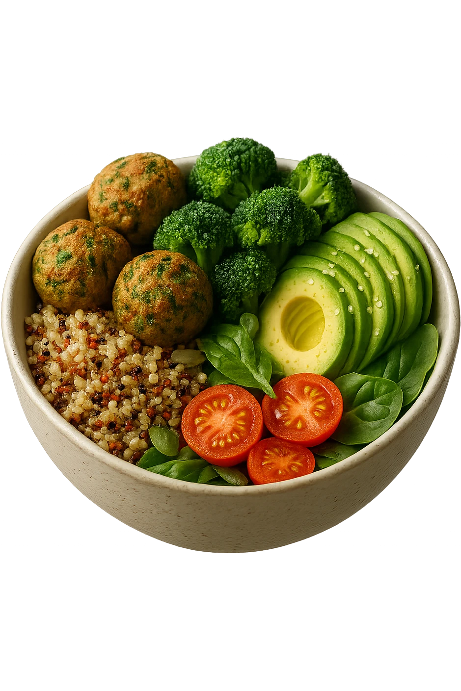 bowl di cibo sano fluttua in aria, iperrealistico 4k emoji