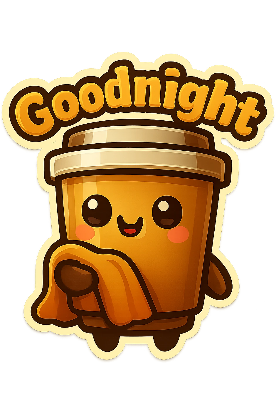 Tall coffee cup, holding a blanket, big "Goodnight" emoji