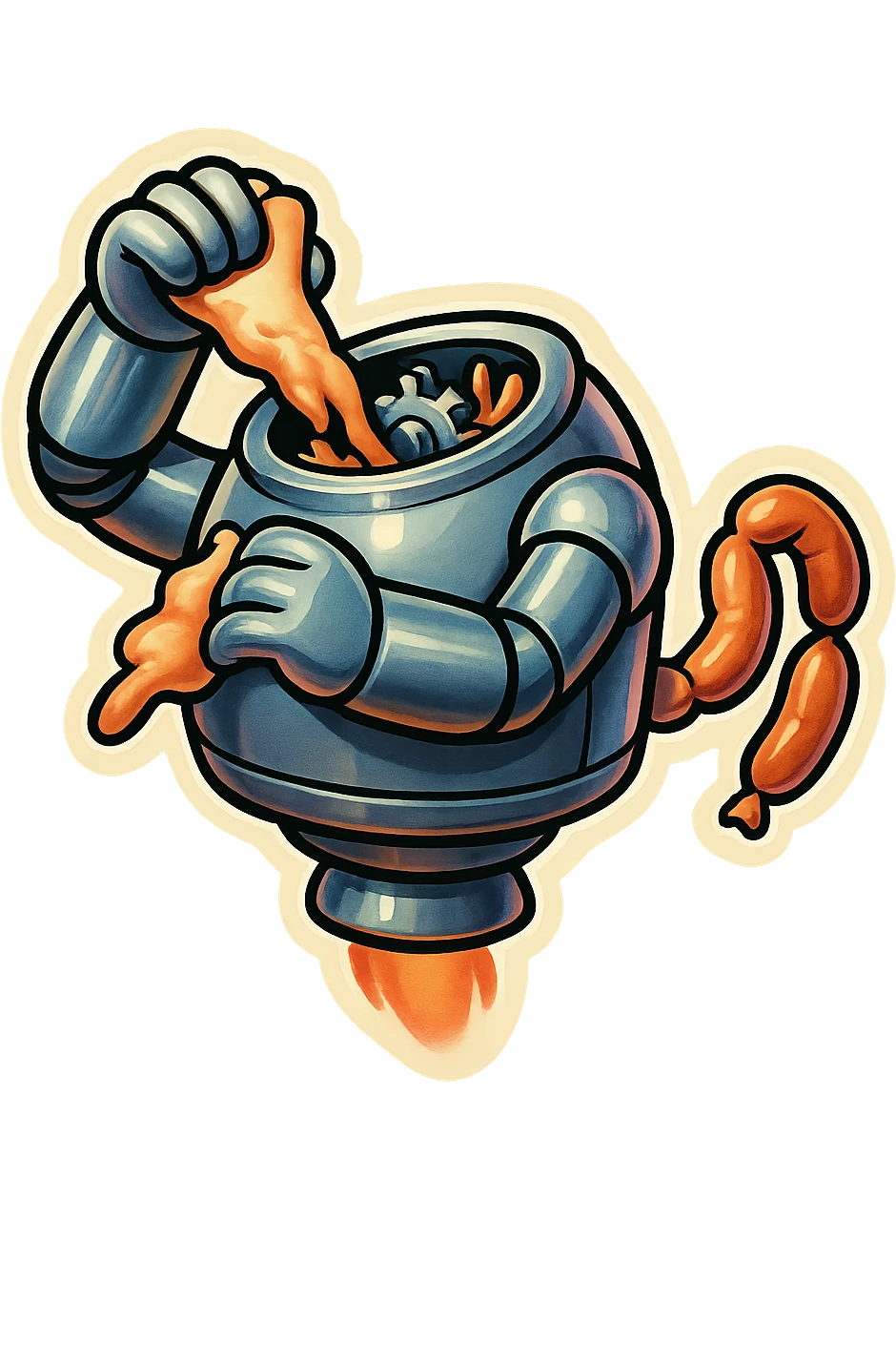 hovering robot. stuffs material into large hole on its top with 2 arms. no head. hole is where a head would be. spinning gears and blades in hole grind material. sausage links come our of hole on backside.  3/4 view. between realism and cartoon. well lit. no dramatic lighting. metallic shiny robot. works diligently. dark humor emoji