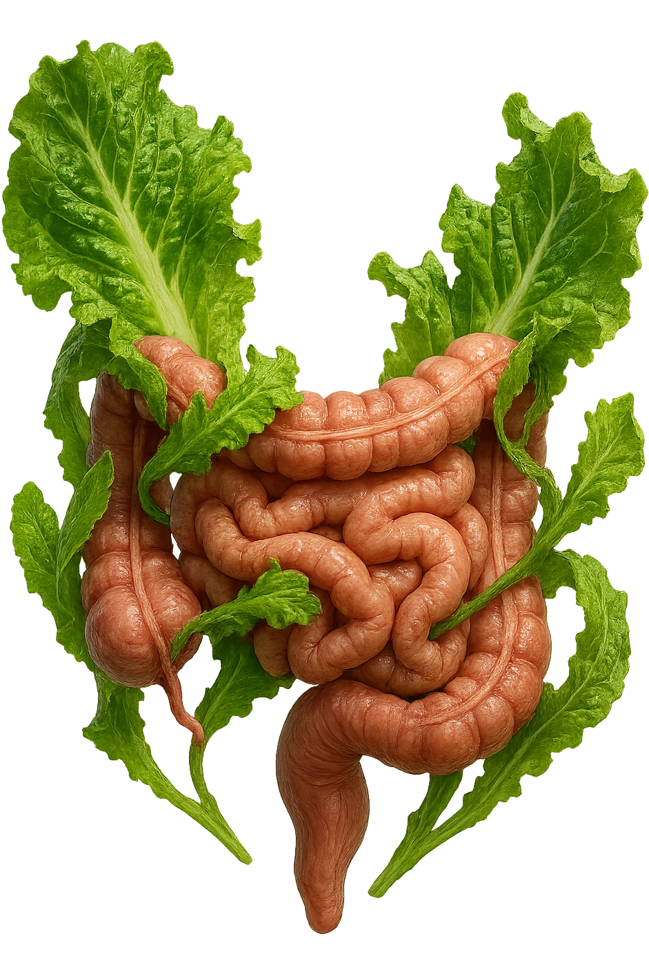 foglie di insalata che attaccano un intestino anatomico umano per distruggerlo, IPERREALISTICO 4K emoji
