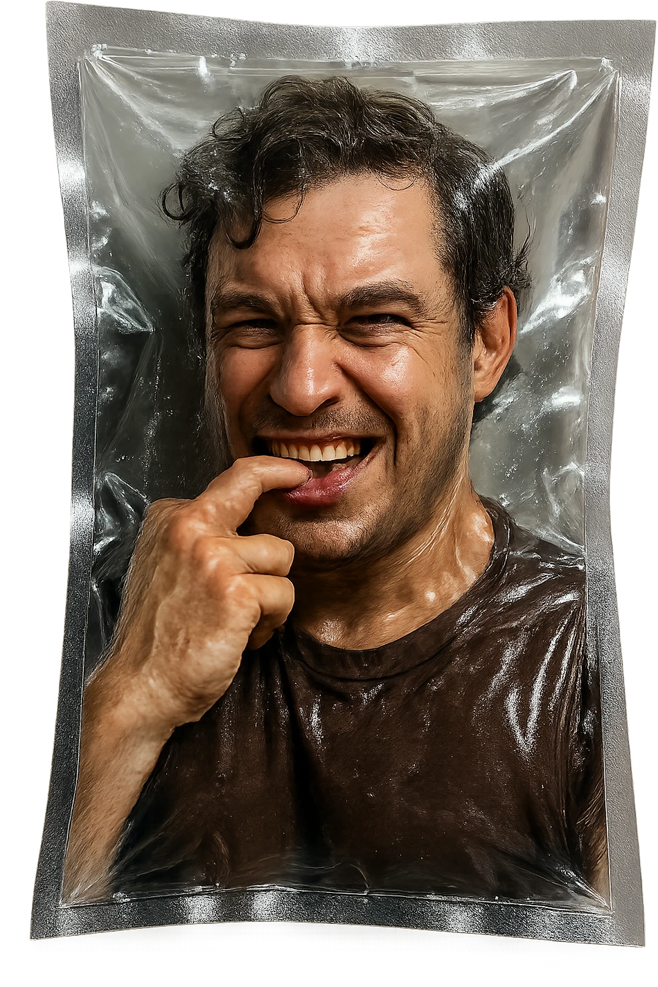a person with a mischievous expression, putting a finger in their mouth as if biting it, wrapped in shiny transparent plastic, vacuum-sealed style emoji