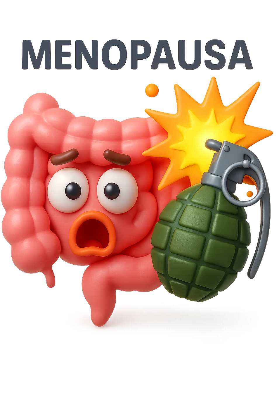 EMOJI STILE IPHONE 3D DI INTESTINO 3D CON ESPRESSIONE SCIOCCATA IN VOLTO MENTRE ACCANTO A LUI SCOPPIA UNA GRANATA 3D CON LA SCRITTA "MENOPAUSA" SOPRA, FAGLI ANCHE LA PARTE BIANCA DEGLI OCCHI, NON SOLO LA PUPILLA emoji
