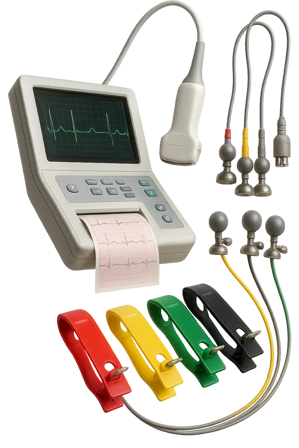 STRUMENTI MEDICI PER FARE ECG e ecocardio FLUTTUANO IN ARIA, iperrealistico 4k, isolato su sfondo bianco emoji