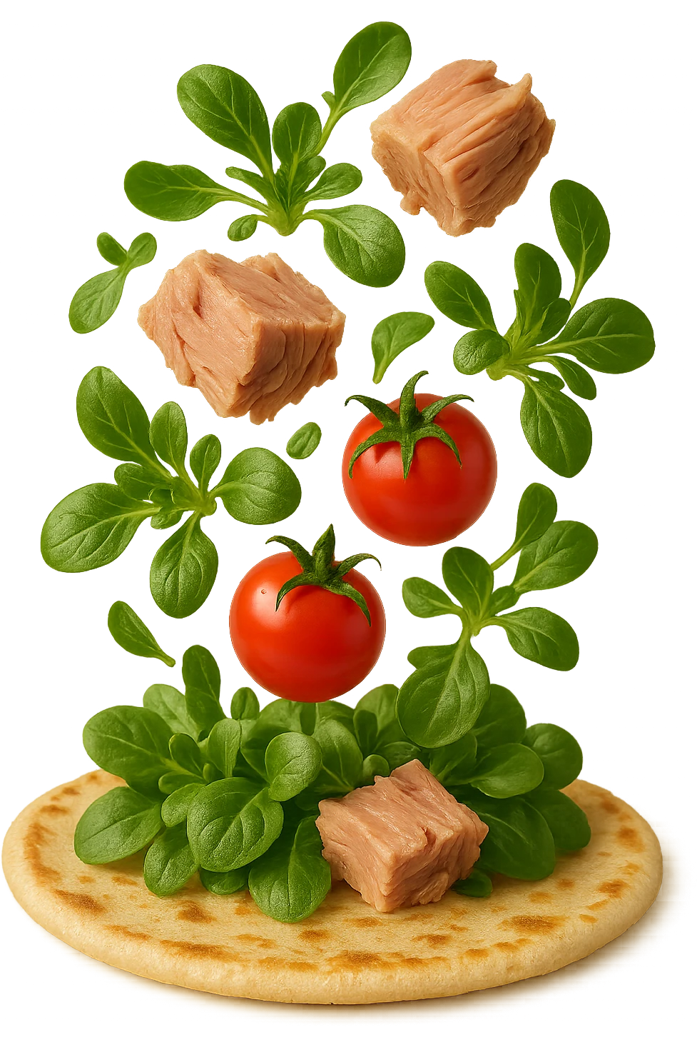 EMOJI STILE IPHONE DI con tonno, valeriana e pomodorini cadono verticalmente su una piadina, iperrealistica 4k emoji