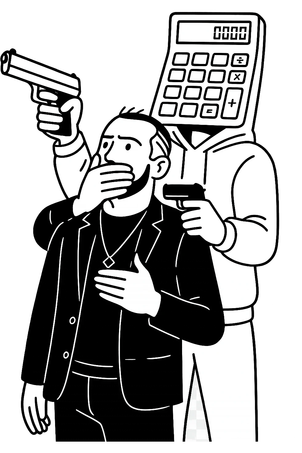 Используя такую стилистику и точно такого же героя, сгенерируй картинку. На ней позади героя стоит фуруга, у которой вместо головы калькулятор, она приставила к виску героя пистолет, а другой рукой закрывает рот героя, прозрачный фон emoji