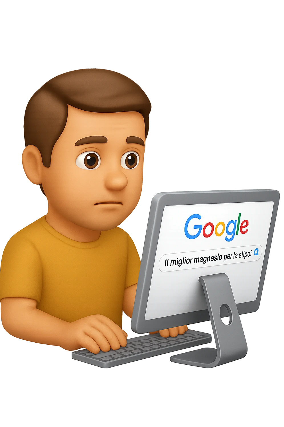 emoji stile iphone di un uomo davanti al pc che cerca di google: "Il miglior magnesio per la stipsi", iperrealistico 4k emoji
