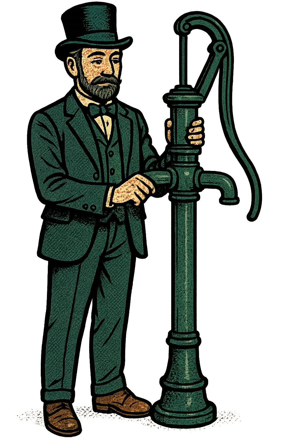 A full body image of calm victorian professor wearing a suit and top hat holding a victorian water pump emoji