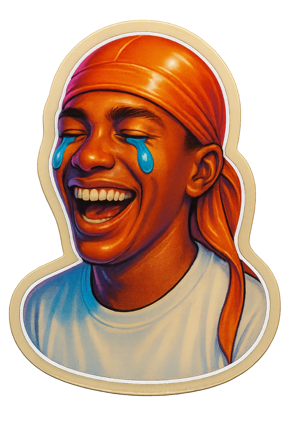 laughing crying
make his shirt white
make him smile
Change His durag To orange emoji