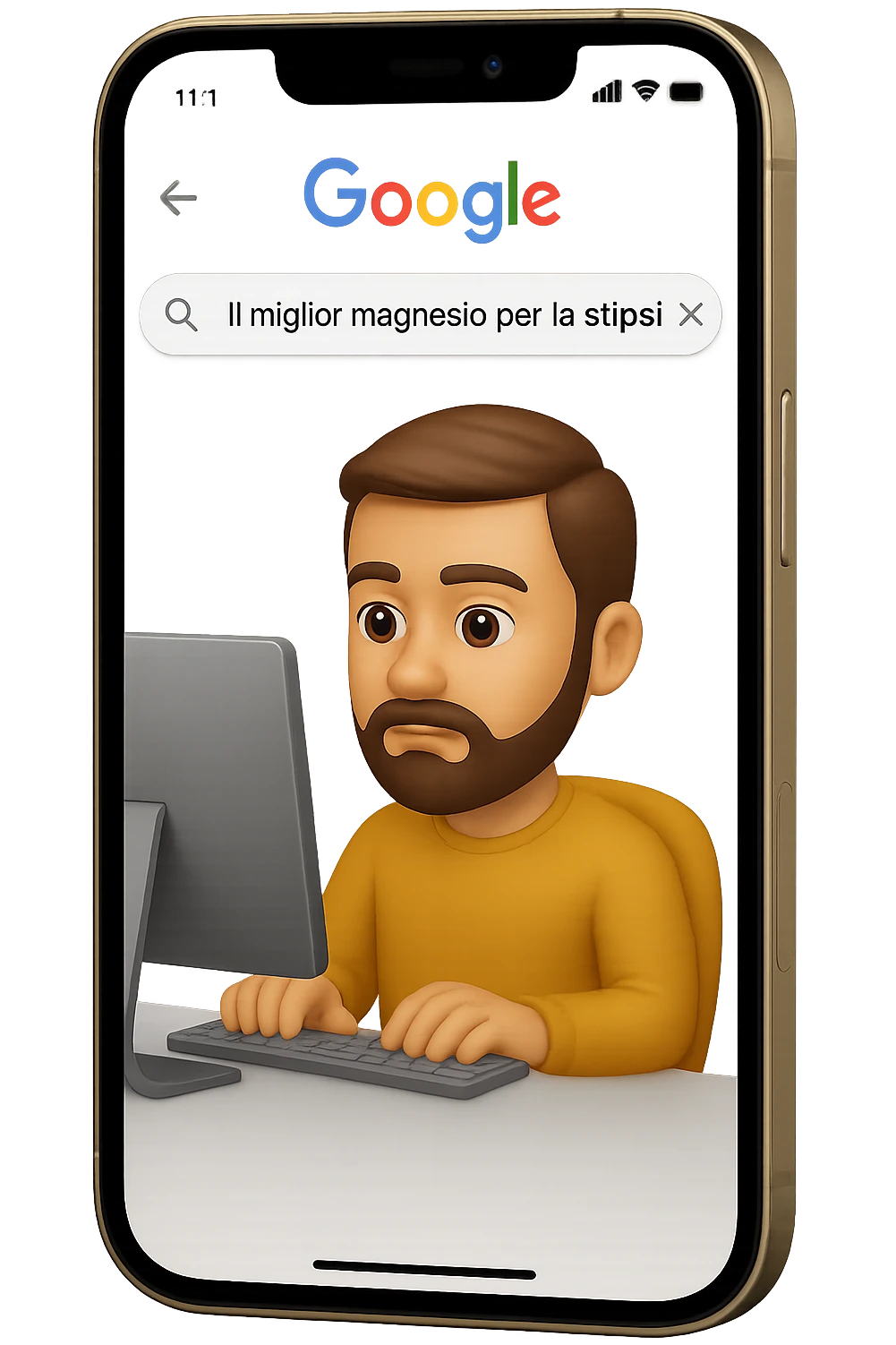 emoji stile iphone di un uomo davanti al pc che cerca di google: "Il miglior magnesio per la stipsi", iperrealistico 4k emoji