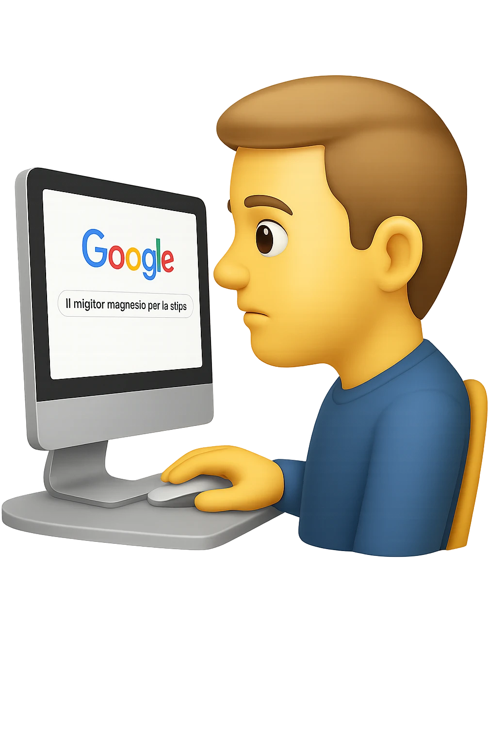 emoji stile iphone di un uomo davanti al pc che cerca di google: "Il miglior magnesio per la stipsi", iperrealistico 4k emoji