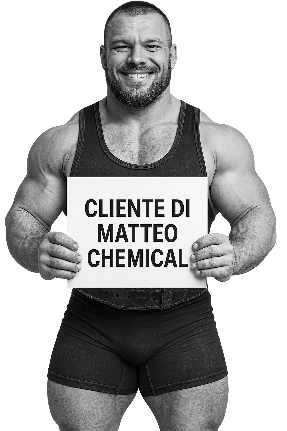 Powerlifter con in mano una targa o un foglio con scritto "Cliente di Matteo Chemical" emoji
