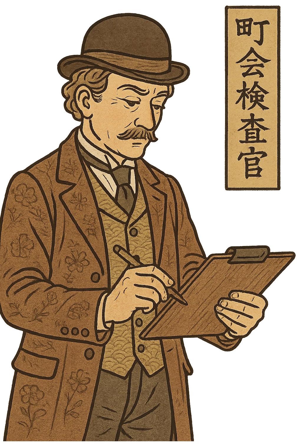 A victorian town council inspector with a clipboard and pen emoji
