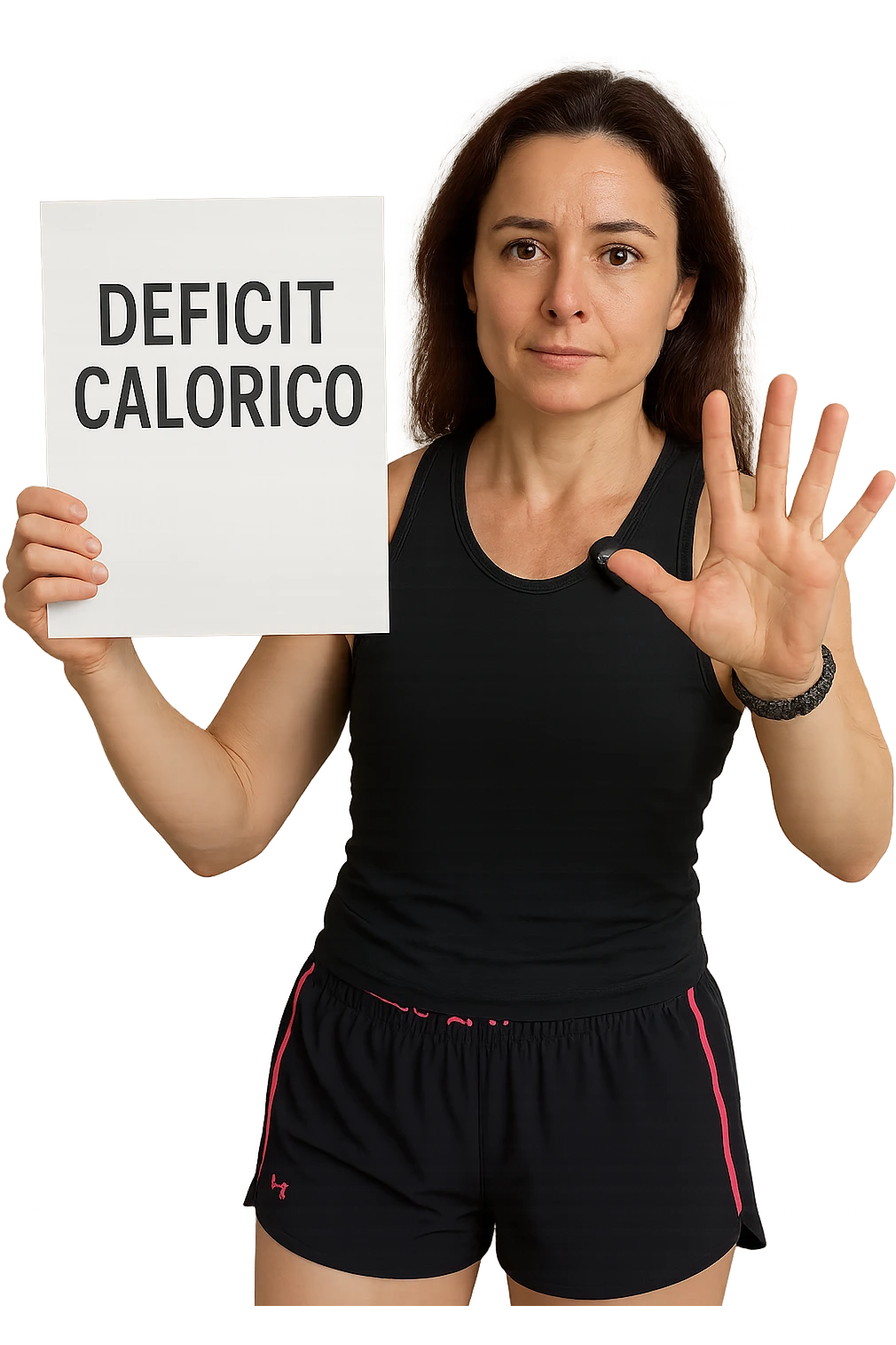 Donna con in mano una dieta con scritto "Deficit Calorico" emoji