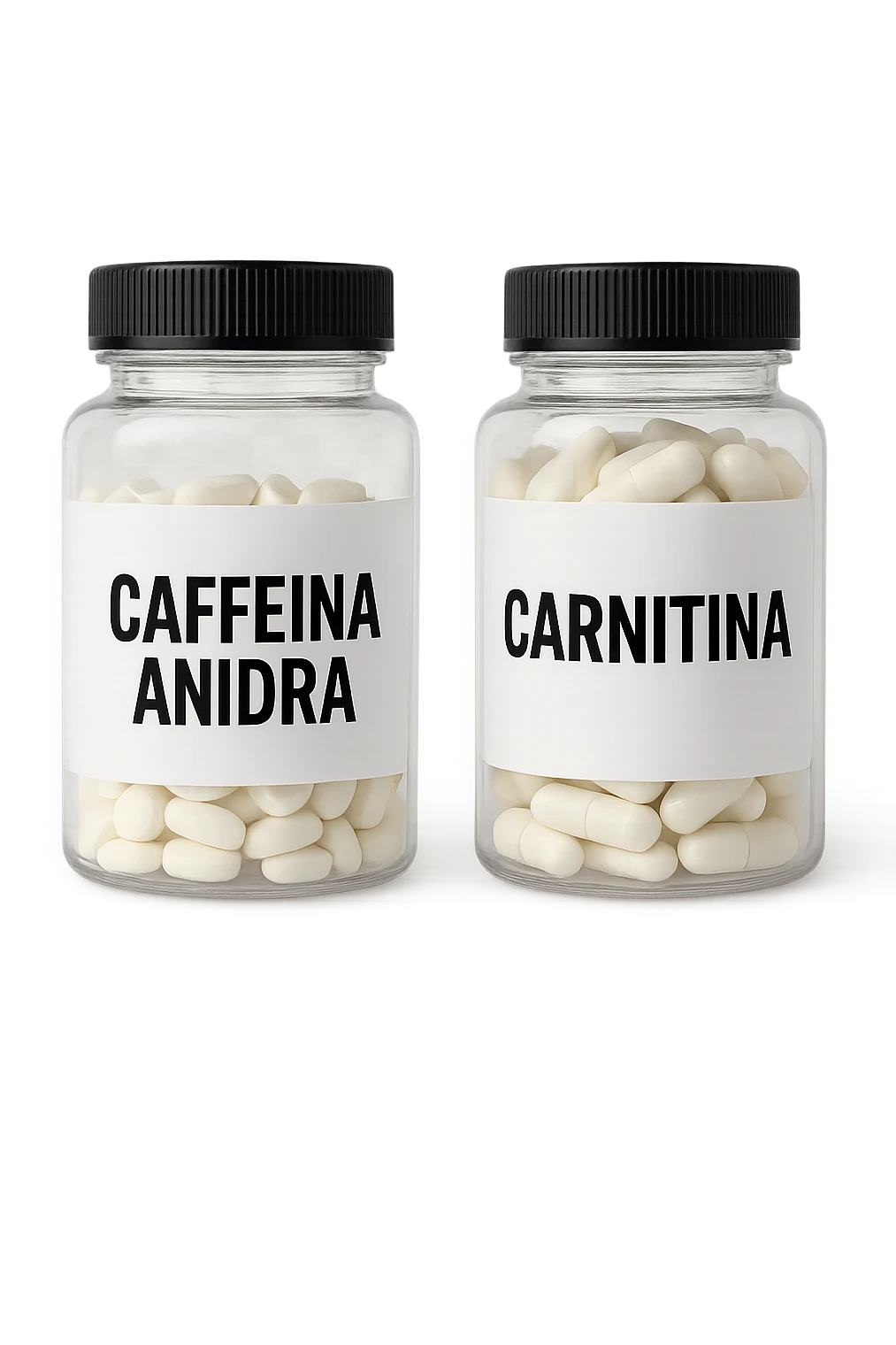 due barattoli di integratori: uno con la scritta "CAFFEINA ANIDRA" E L'ALTRO CON LA SCRITTA "CARNITINA" emoji