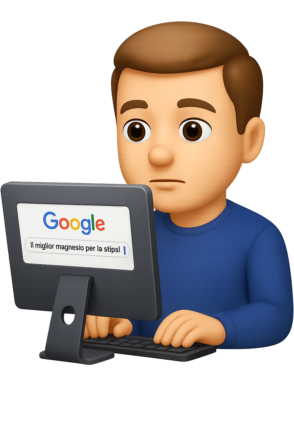 emoji stile iphone di un uomo davanti al pc che cerca di google: "Il miglior magnesio per la stipsi", iperrealistico 4k emoji