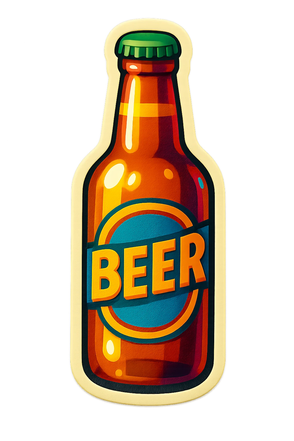 A beer bottle sticker with a vintage design and bright colors emoji