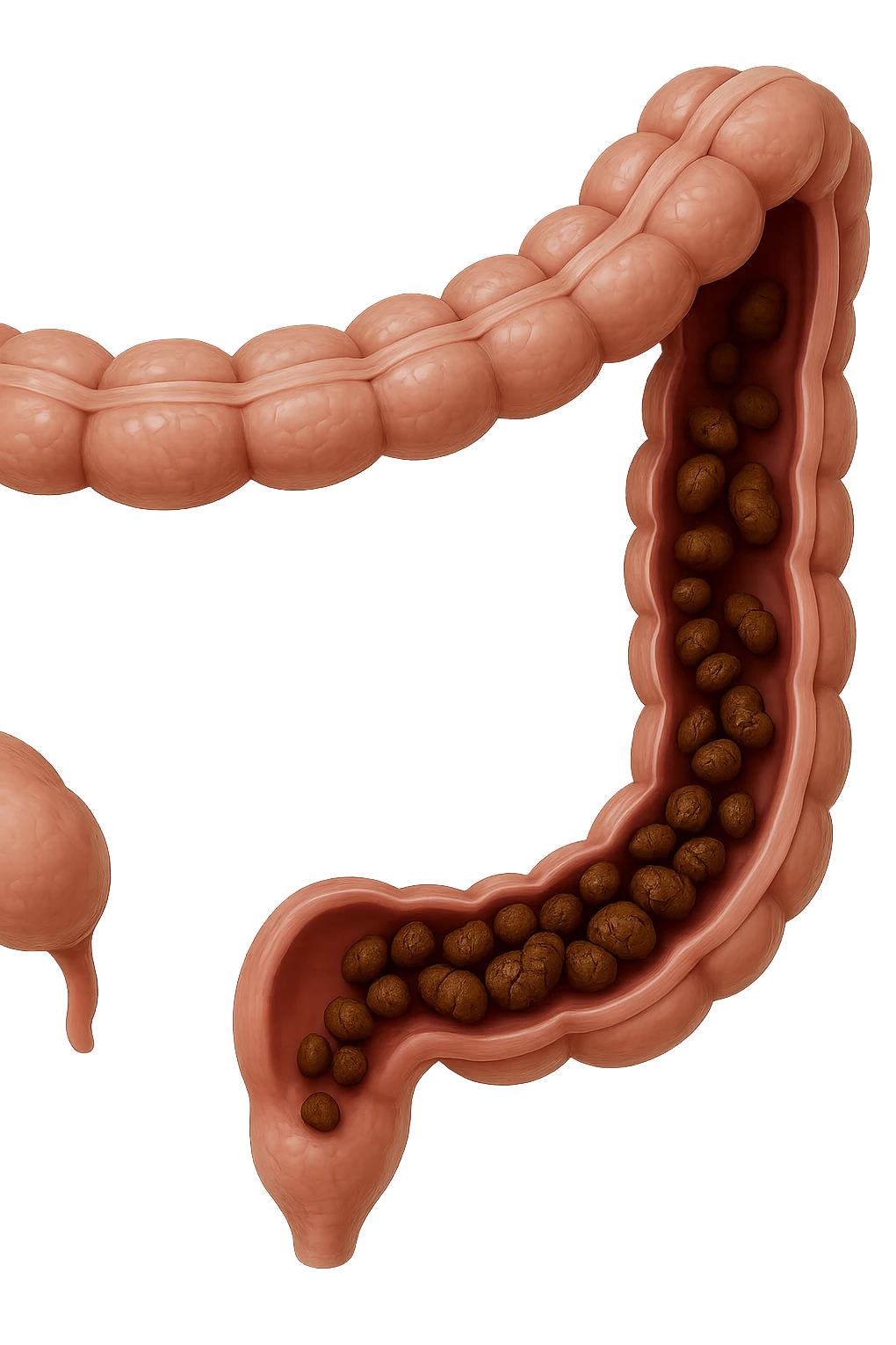 colon umano anatomico con feci a pallini all'interno, stipsi, iperrealistico 4k emoji