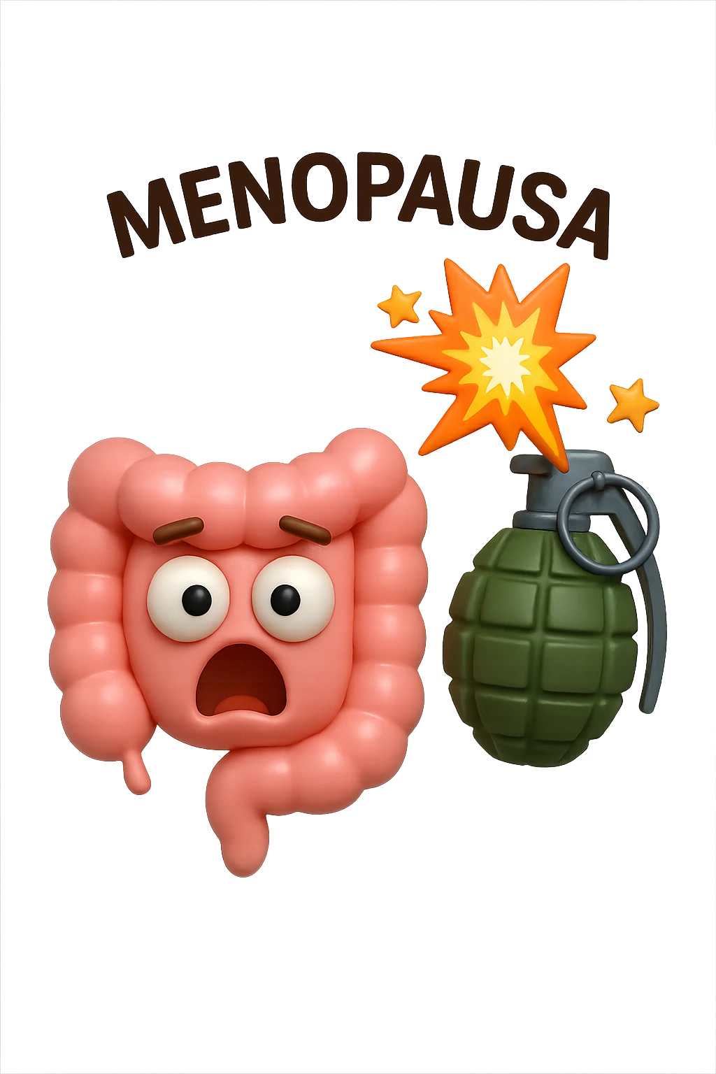 EMOJI STILE IPHONE 3D DI INTESTINO 3D CON ESPRESSIONE SCIOCCATA IN VOLTO MENTRE ACCANTO A LUI SCOPPIA UNA GRANATA 3D CON LA SCRITTA "MENOPAUSA" SOPRA, FAGLI ANCHE LA PARTE BIANCA DEGLI OCCHI, NON SOLO LA PUPILLA emoji