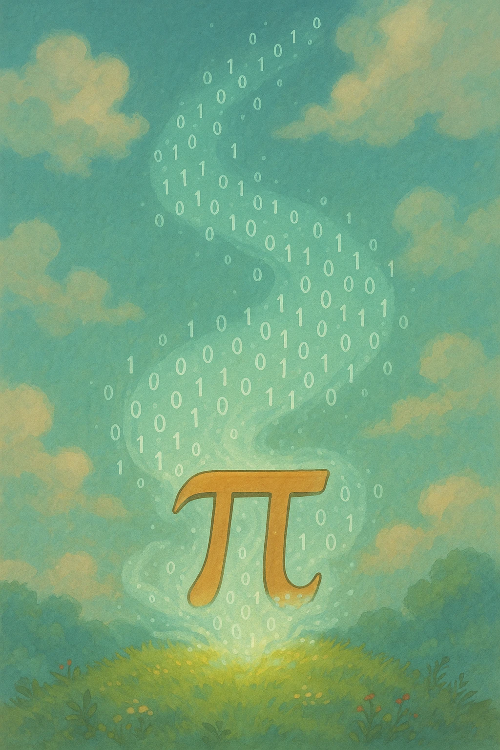 combine the π (pi) math symbol, binary code, and digital mist emerging ...