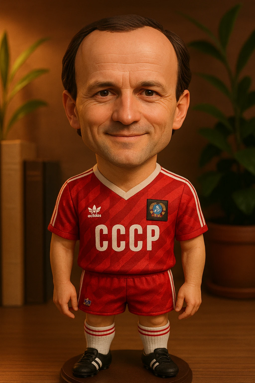 Игорь Беланов в форме сборной СССР 1986 года смотрит на прямо на зрителя и слегка улыбается, освещение с левой верхней стороны кадра emoji