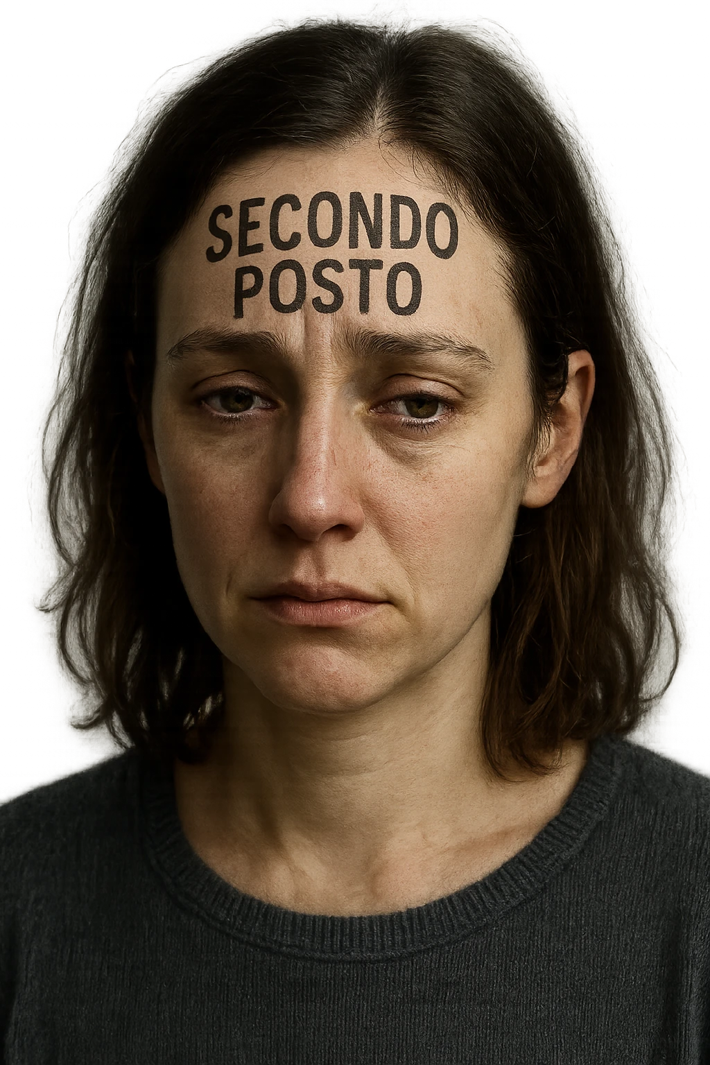 DONNA CON LA SCRITTA "SECONDO POSTO" SULLA TESTA, LEI HA L'ESPRESSIONE TRISTE, COME SE FOSSE SEMPRE SECONDA NELLA VITA, iperrealistico 4k emoji