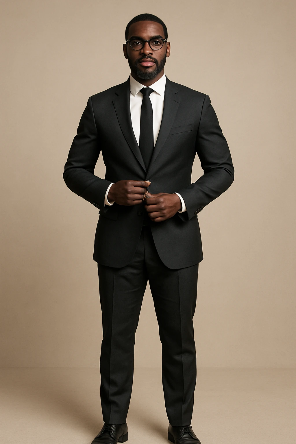 A dark-skinned man in a suit with glasses, full-length emoji