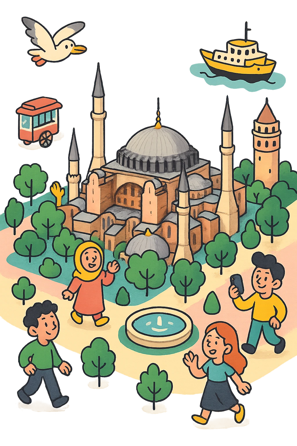 Isometric illustration of Istanbul, featuring real photorealistic Hagia Sophia with ts large central dome and four tall minarets, with real transparent background emoji