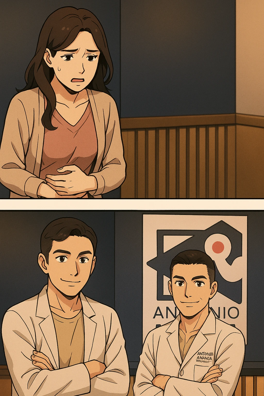 su questo stile fai un manga/webtoon a colori in cui una donna si lamenta che sta male e ha mal di pancia, l'uomo della foto in stile manga gli risponde, mantieni un ambiente simile alla foto che ho allegato con il suo logo (sarebbe il suo studio, lui è un kinesiologo), non mettere fumetti, ma fai in modo che sembri che la donna chiede una cosa e l'uomo risponde alla sua domanda emoji