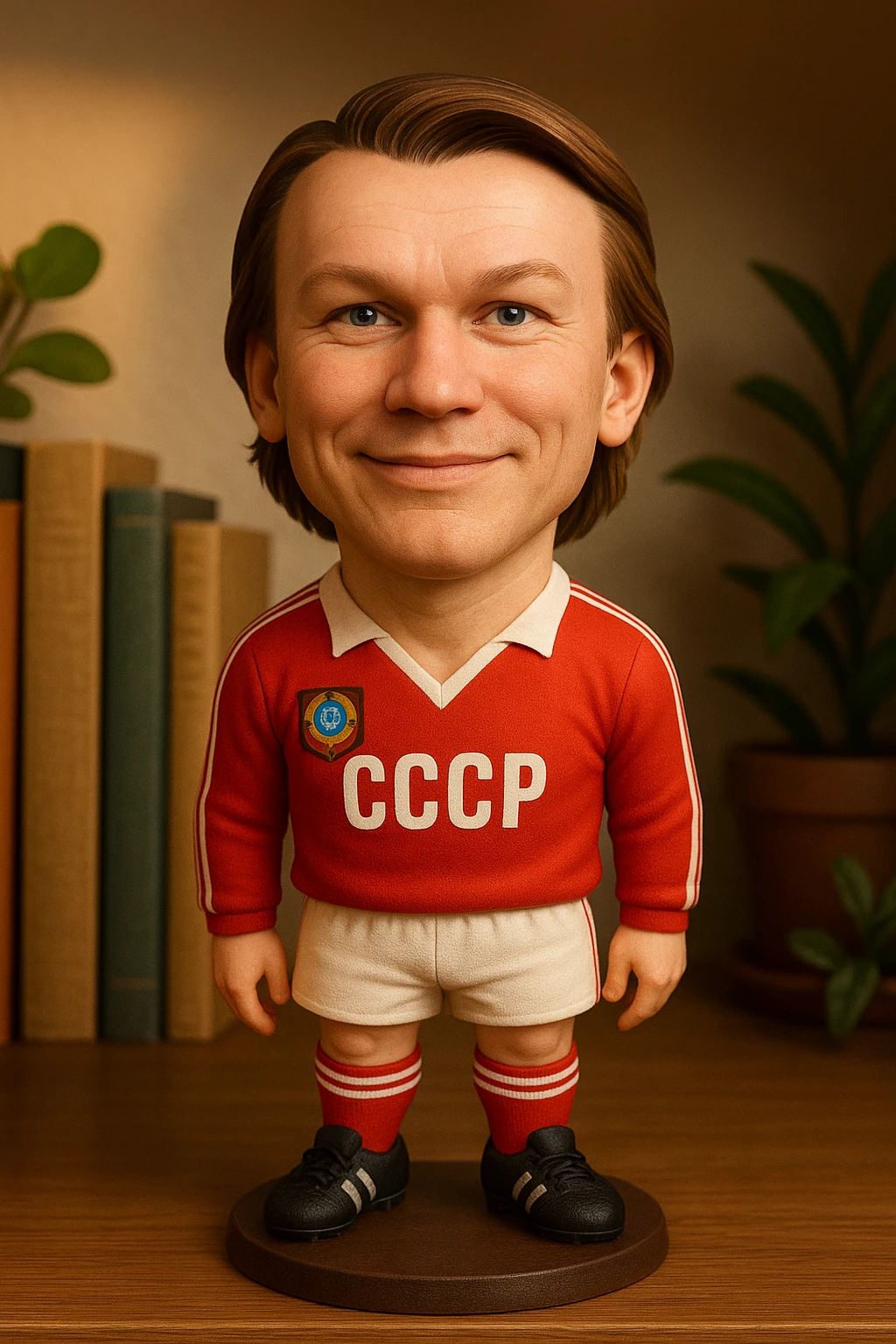 Олег Блохин в форме сборной СССР 1975 года смотрит на прямо на зрителя и слегка улыбается, освещение с левой верхней стороны кадра emoji