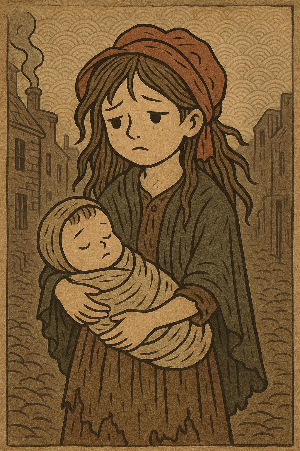 A poor victorian girl from the slums holding her baby brother emoji