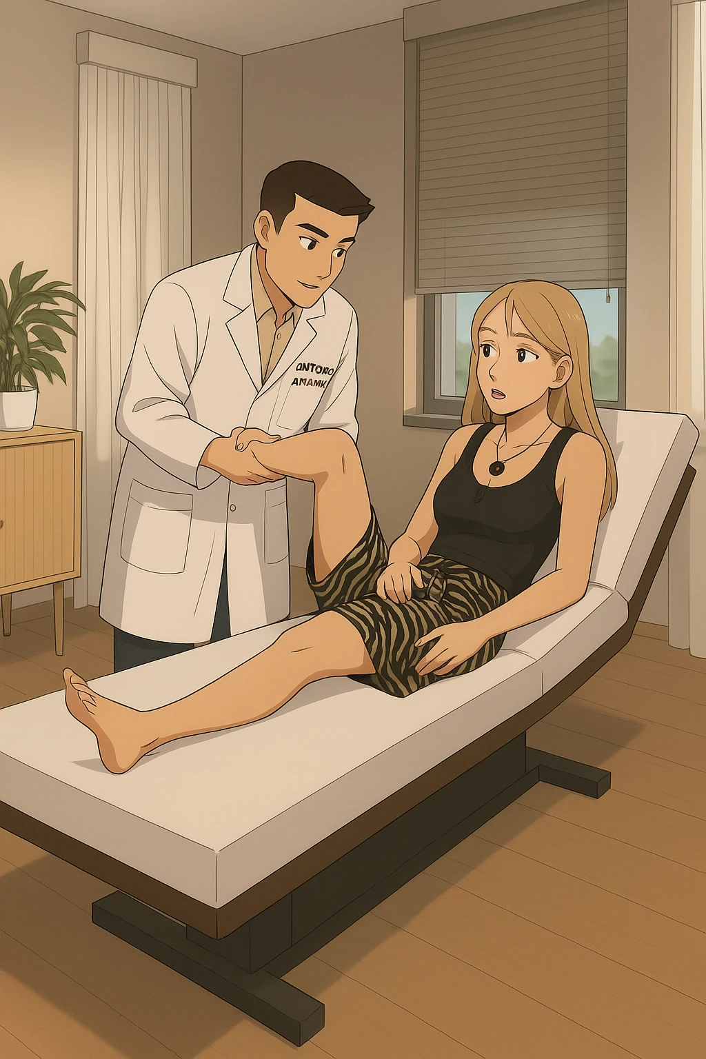 fai un webtoon/manga a colori con questo kinesiologo in camice bianco (fagli la scritta "ANTONIO ANANIA" SUL CAMICE) CHE SVOLGE UN TEST NEUROMUSCOLARE SOLLEVANDO UNA GAMBA ALLA RAGAZZA CHE è STESA SU UN LETTINO BIANCO. STANZA SEMPLICE E MODERNA, DURANTE IL TEST I DUE DIALOGANO TRA LORO. NON FARE I FUMETTI, FAI SOLO LORO COME SE DIALOGASSERO emoji