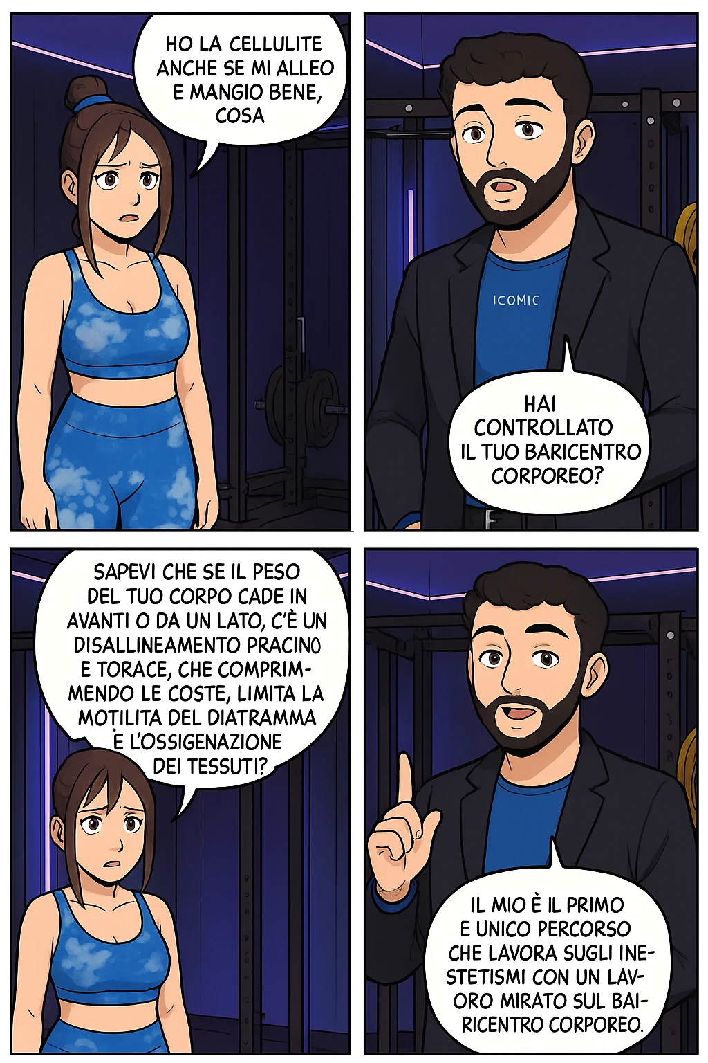 TRASFORMA QUESTO CAROSELLO IN UN FUMETTO STILE WEBTOON/MANGA A COLORI CON QUESTE DUE PERSONE IDENTICHE CHE INTERLOQUISCONO TRA LORO:

LEI: Ho la cellulite anche se mi alleno e mangio bene, cosa posso fare?

LUI: Hai controllato il tuo baricentro corporeo?
LUI: Sapevi che se il peso del tuo corpo cade in avanti o da un lato, c’è un disallineamento fra bacino e torace, che comprimendo le coste, limita la motilità del diaframma e l’ossigenazione dei tessuti?
LUI: Il mio è il primo e unico percorso che lavora sugli inestetismi con un lavoro mirato sul baricentro corporeo. emoji