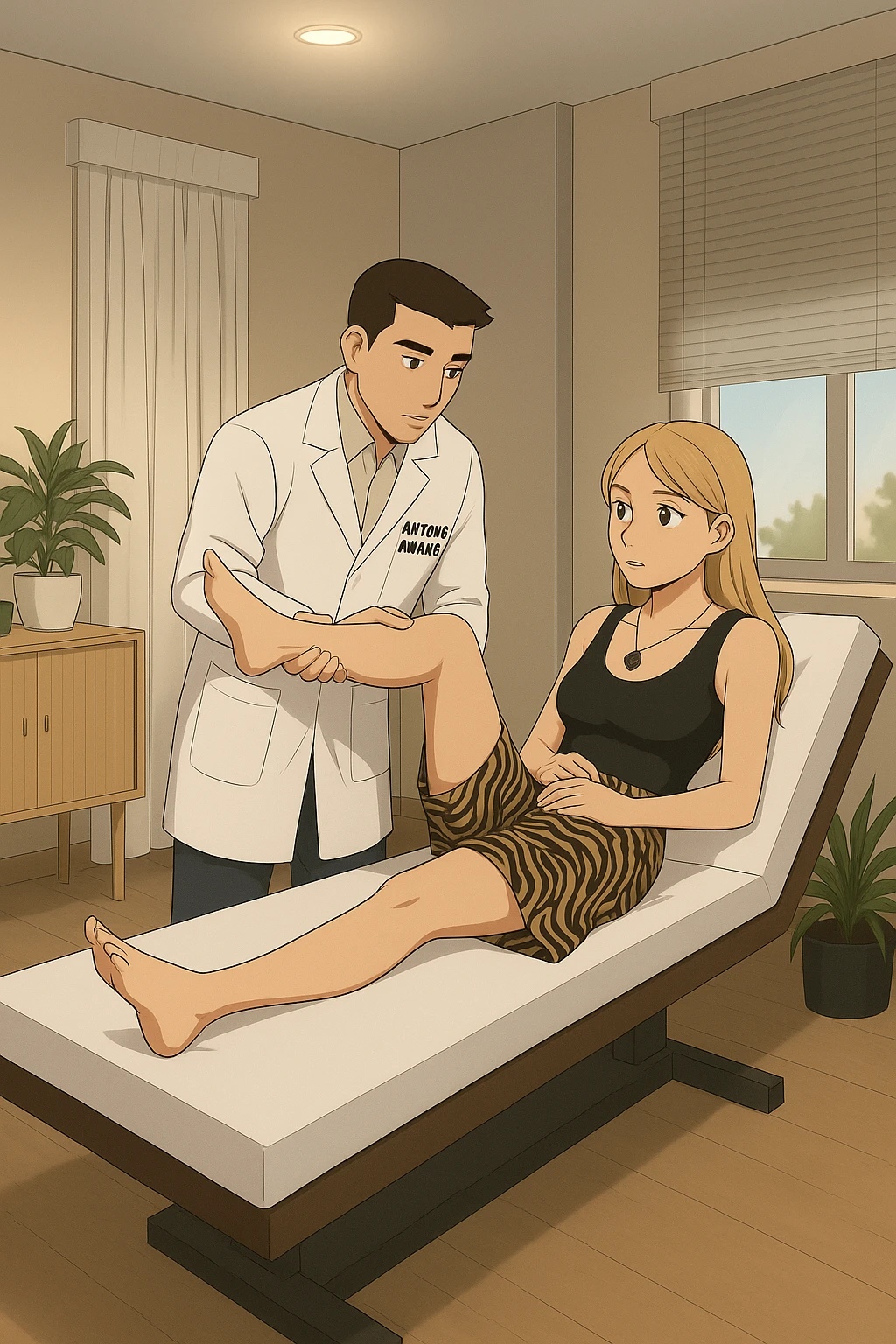 fai un webtoon/manga a colori con questo kinesiologo in camice bianco (fagli la scritta "ANTONIO ANANIA" SUL CAMICE) CHE SVOLGE UN TEST NEUROMUSCOLARE SOLLEVANDO UNA GAMBA ALLA RAGAZZA CHE è STESA SU UN LETTINO BIANCO. STANZA SEMPLICE E MODERNA, DURANTE IL TEST I DUE DIALOGANO TRA LORO. NON FARE I FUMETTI, FAI SOLO LORO COME SE DIALOGASSERO emoji