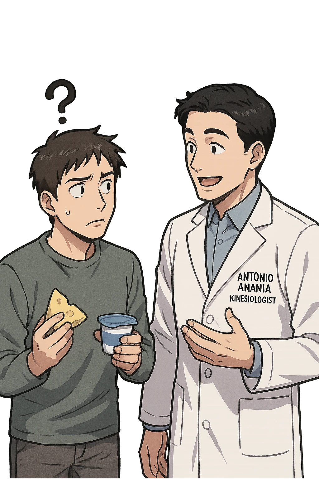 fai un webtoon manga a colori con questo stile, in cui un uomo fa una domanda al kinesiologo con il camice bianco (fagli anche la scritta "ANTONIO ANANIA" SUL CAMICE, l'uomo chiede una cosa mostrando un formaggio e uno yogurt al kinesiologo con il camice, IL KINESIOLOGO annuisce e SPIEGA ALL'UOMO UNA cos. L'UOMO ha un ESPRESSIONE CONFUSA IN VOLTO. non fare i fumetti però, fai solo in modo che sembri stiano parlando emoji
