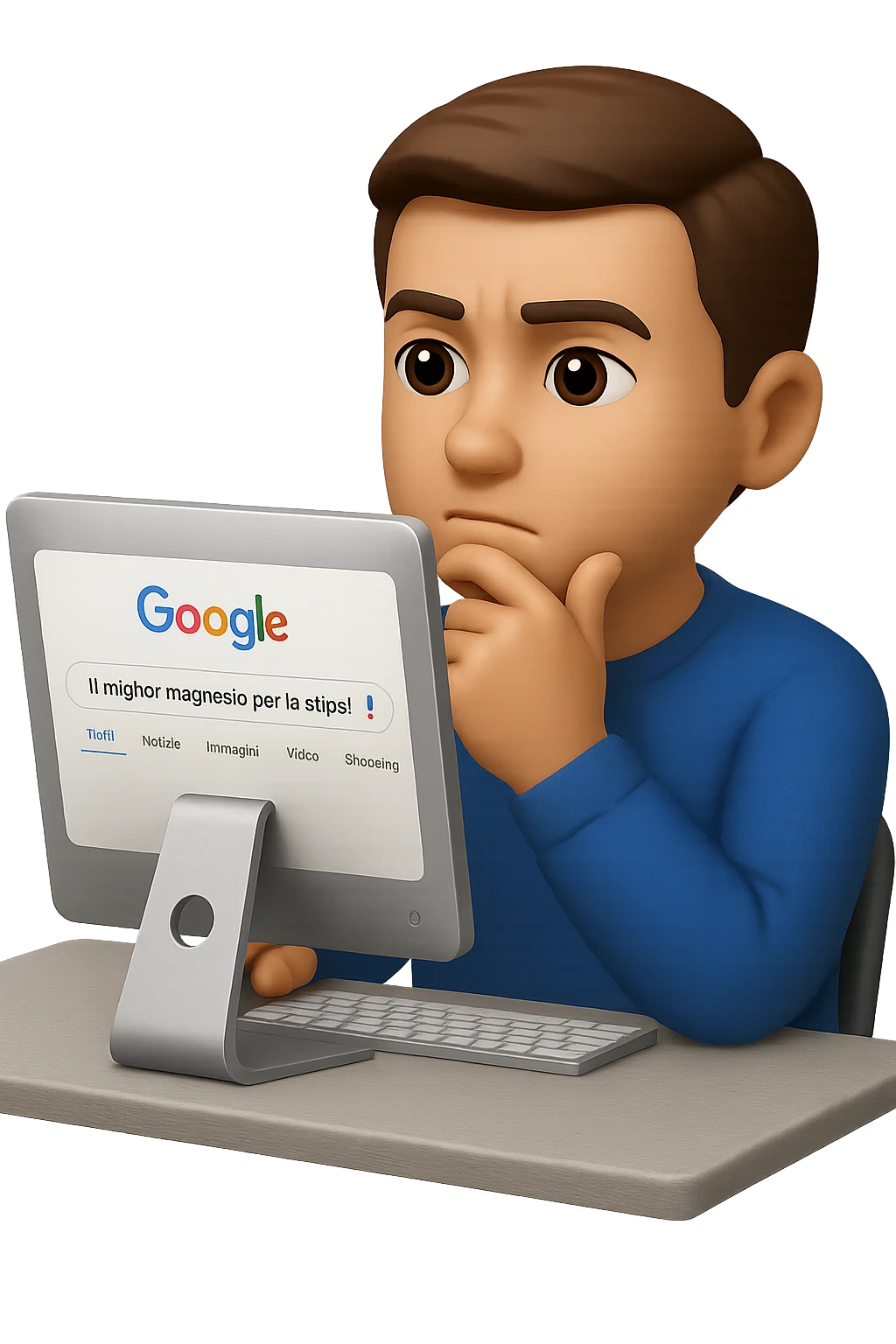 emoji stile iphone di un uomo davanti al pc che cerca di google: "Il miglior magnesio per la stipsi", iperrealistico 4k emoji