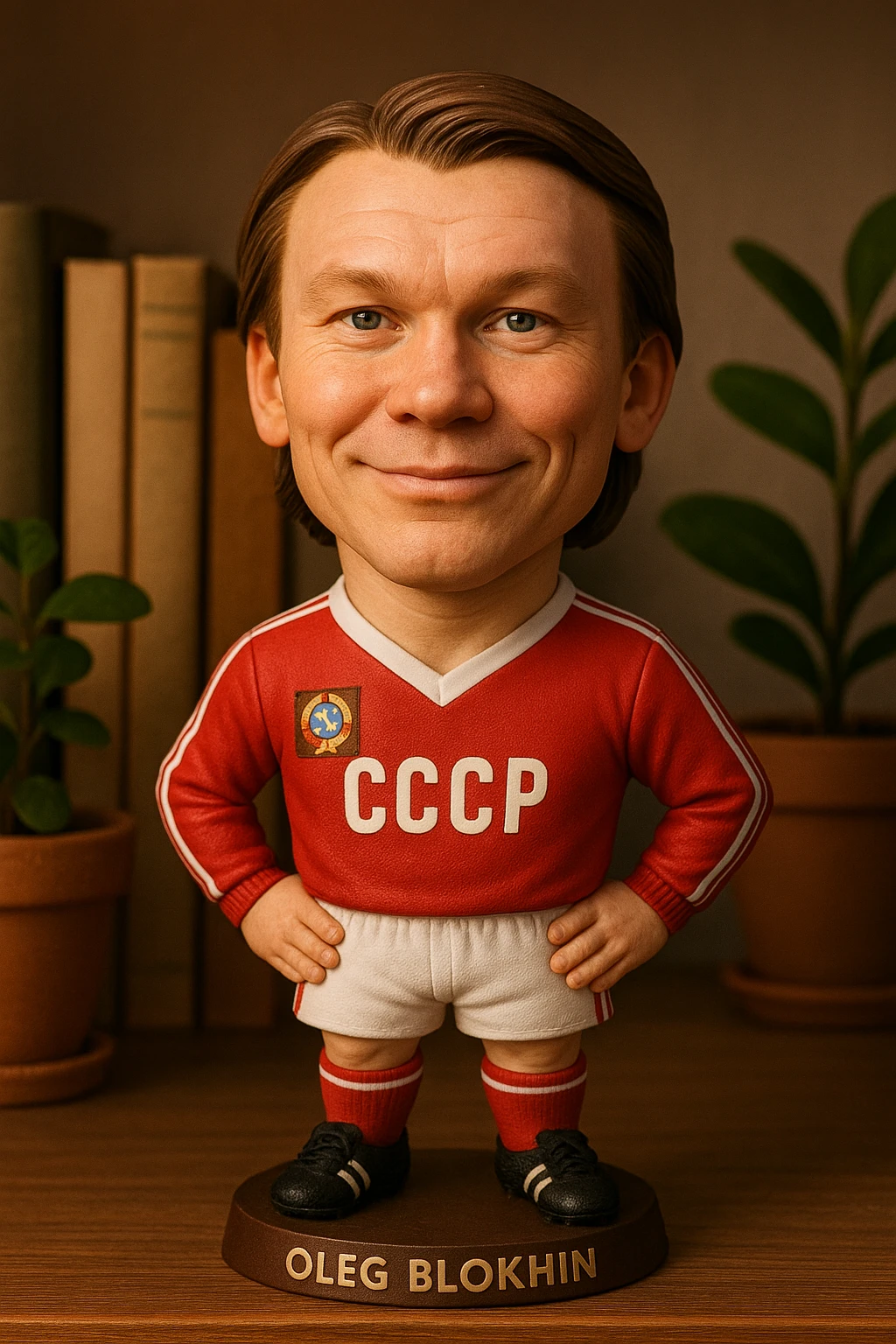 Олег Блохин в форме сборной СССР 1975 года смотрит на прямо на зрителя и слегка улыбается, освещение с левой верхней стороны кадра emoji