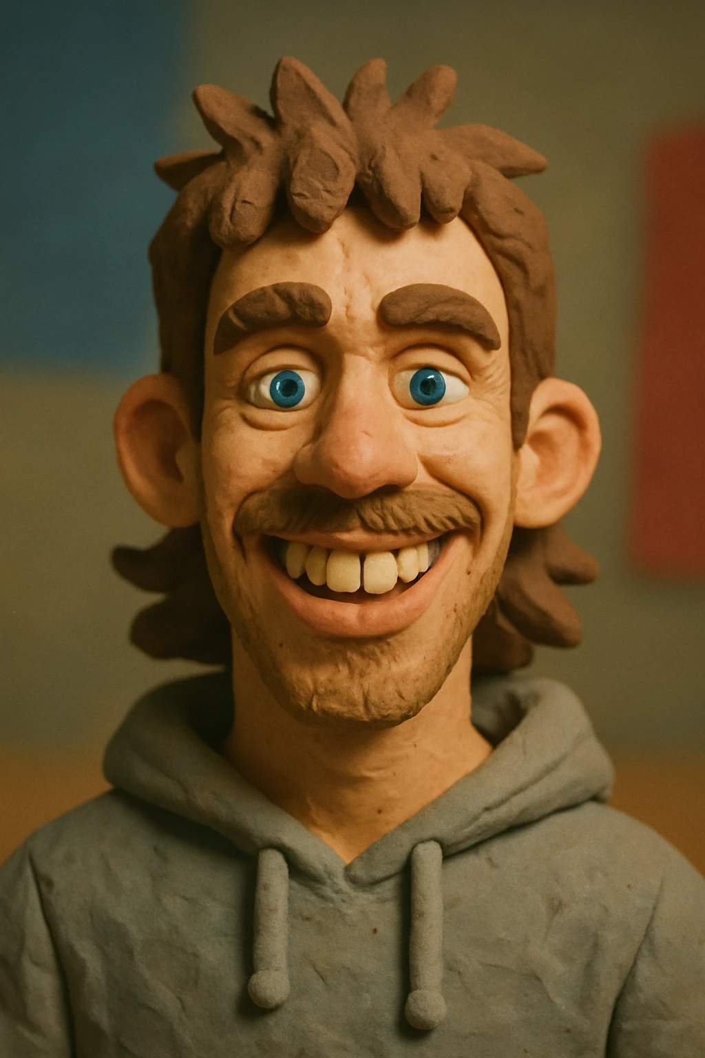20 year old man, short scruffy beard and thin moustache, brown puffy mullet, blue eyes, big smile, white teeth, big lips, pronounced jaw, hair longer in back, sticking up on top, thin face, grey hooded sweatshirt, blue eyes emoji